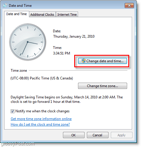 Windows 7 ekraanipilt - muutke kuupäeva ja kellaaega
