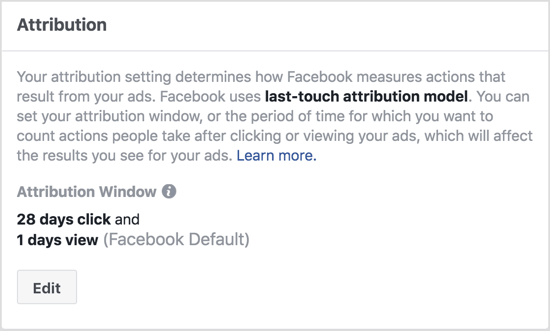 Facebooki omistamisakna vaikeseaded näitavad toiminguid, mis on tehtud ühe päeva jooksul pärast teie reklaami vaatamist ja 28 päeva jooksul pärast teie reklaamil klikkimist. 