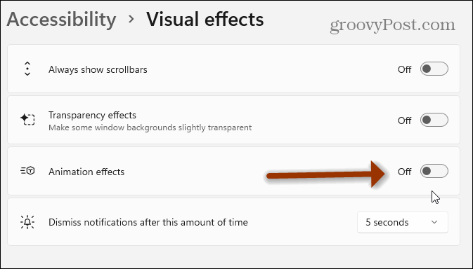 animatsiooniefektide väljalülitamine Windows 11