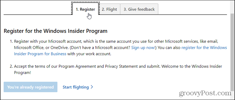 Registreeruge programmi Windows Insider kasutajaks