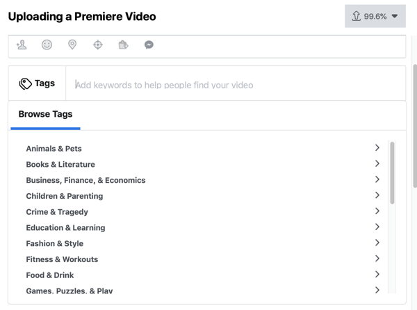 Kuidas seadistada Facebook Premiere, 4. samm, videomärgendid