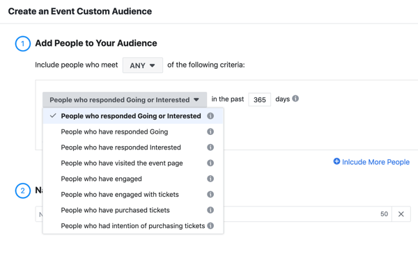 Kuidas oma otseülekannet Facebookis reklaamida, samm 11, looge sündmusele kohandatud vaatajaskond inimestest, kes vastasid teie üritusele minnes või sellest huvitatud