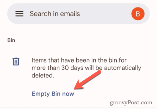Mobiilseadme Gmailis prügikasti tühjendamise valik