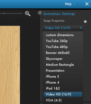 Videoplatvormi optimeerimise valikute nägemiseks klõpsake menüüd Moovly Animation Settings.