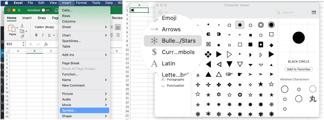 Lisage täppe Maci rakendusse Microsoft Excel