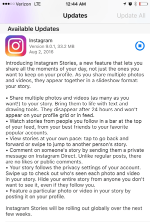 Instagrami rakenduste lugude värskendus