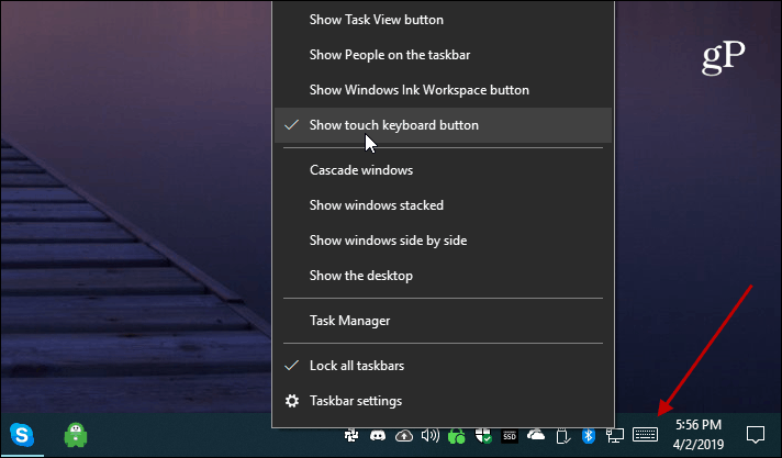 Windows 10 näitab puutetundlikku klaviatuuri nuppu