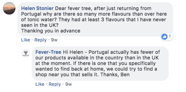 Näide Fever-Tree'ist, mis vastab kliendi küsimusele Facebooki postituses.