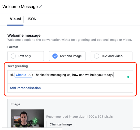 Soojade müügivihjete sihtimine Facebook Messengeri reklaamidega, samm 12, Messengeri sihtkoha kohandatud malli isikupärastamise näide