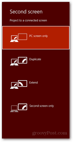  Windows 8 klaviatuuri otsetee ühendada uus kuva dialoogi PC ekraan duplikaat laiendada ainult teise ekraani