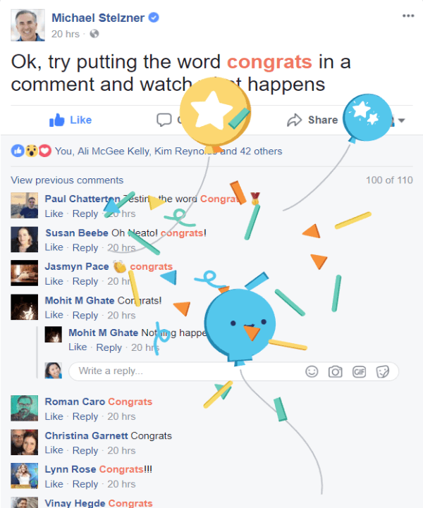 Facebook tõi välja uue interaktiivse funktsiooni, milles postituste või kommentaaride tervitused on punase värviga esile tõstetud ja klõpsamisel luuakse lühike animatsioon.
