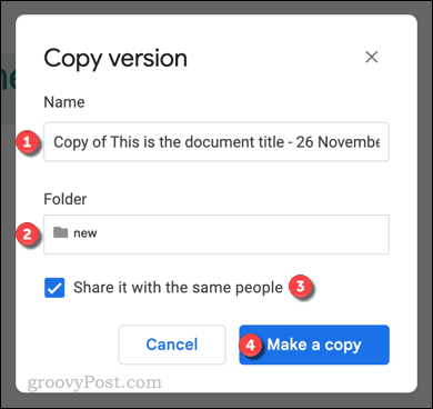 Google Docsi faili versiooni kopeerimine