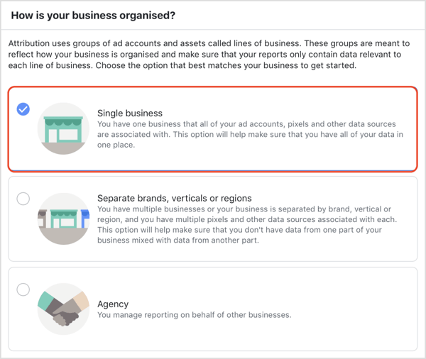 Valige, kuidas teie ettevõte on korraldatud Facebooki omistamise tööriistas.