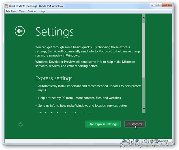 VirtualBox Windows 8 väljendab või kohandab seadistamist
