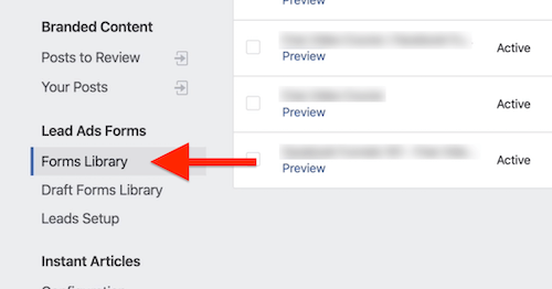Forms Library valik Facebook Publishing Tools'is