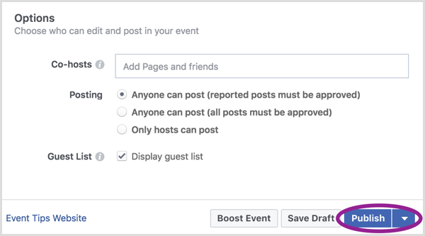 Kui olete oma Facebooki sündmuse loomise lõpetanud, klõpsake nuppu Avalda.