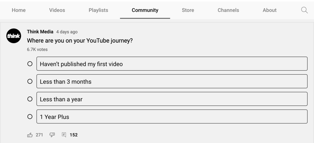 küsitluse pilt YouTube'i kanali kogukonna vahekaardil