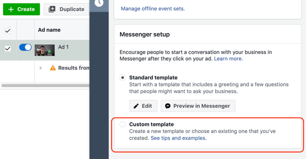 Kuidas suunata soojad müügivihjed Facebook Messengeri reklaamidega, samm 10, Messengeri sihtkoha kohandatud malli valik