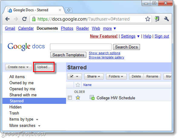 logige sisse ja klõpsake Google'i dokumentide üleslaadimisnupul