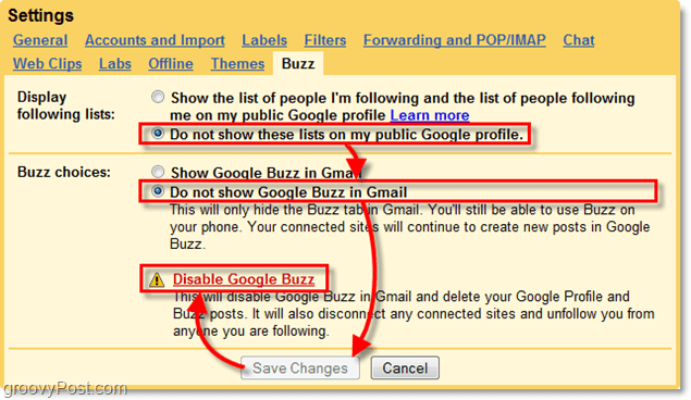 gmaili seadetes klõpsake vahekaarti google buzz