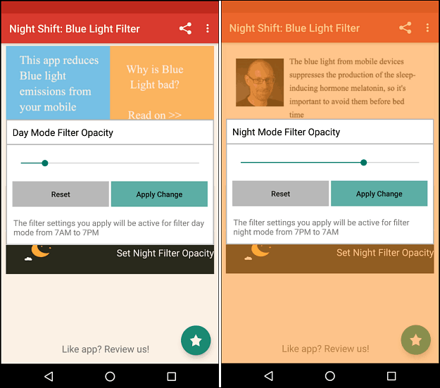 öövahetuse sinise valguse filter Android