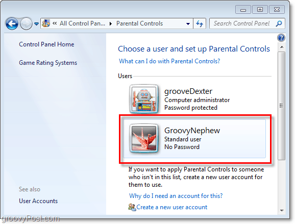 valige kasutaja, kes reguleerib Windows 7 vanemliku kontrolli atribuute