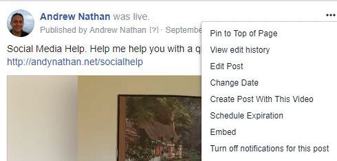 Manustamiskoodi saamiseks Facebook Live'i videopostitusse klõpsake kolme punktiga menüüd ja valige Embed.