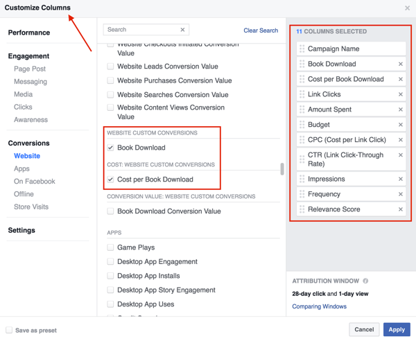 Valige veerud, mille soovite oma Facebooki reklaami tulemuste tabelisse lisada.