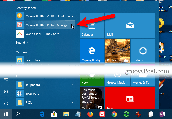 Windows 10 menüüs Start viimati lisatud Microsoft Office Picture Manager