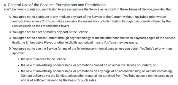 YouTube'i teenusetingimused kirjeldavad selgelt platvormi piiratud ärilist kasutamist.
