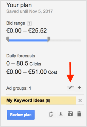 Google AdWordsi märksõnade plaanija vaste tüüp
