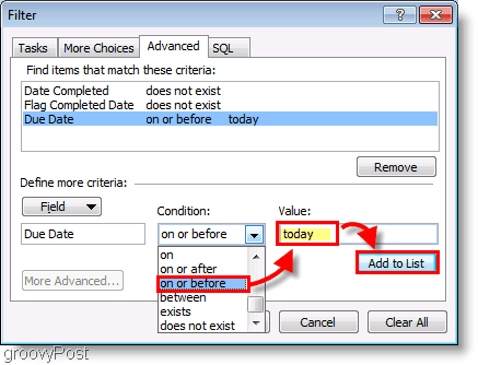 Ekraanipilt: Outlook 2007 ülesanderiba häälestusfilter täna