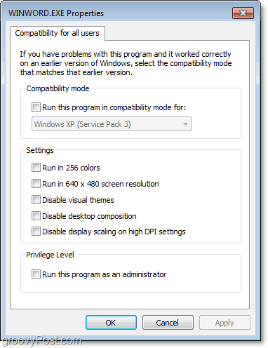 kuidas ühilduvusseadeid kõigi Windows 7 kasutajate jaoks kohandada