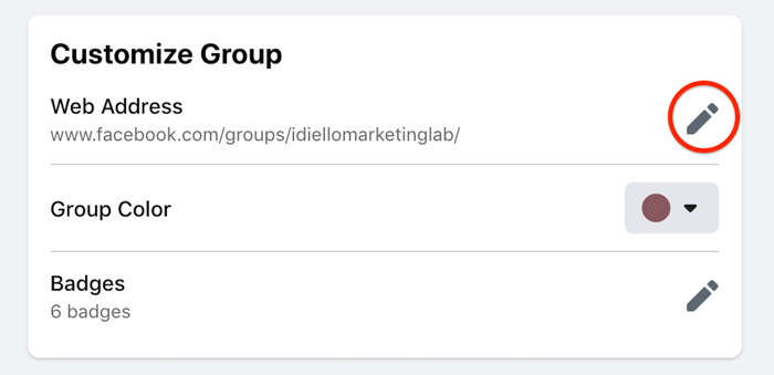 Veebiaadressi muutmiseks on Facebooki grupi sätete kohandamise võimalus esile tõstetud