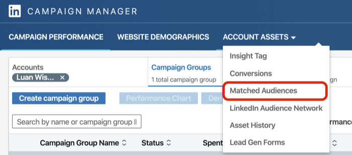 valige LinkedIn Campaign Manageri rippmenüüst Konto varad sobitatud vaatajaskond