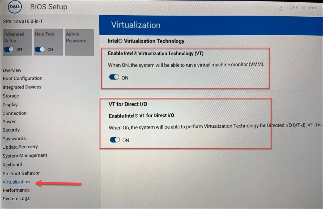BIOS Virtualiseerimise lubamine