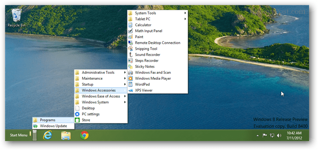 Windows 8 uhiuue käivitusmenüü õõtsutamine tegumiriba tööriistariba kaudu