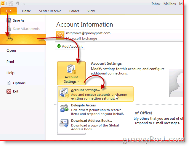Outlook 2010 ekraanipildi konto seaded