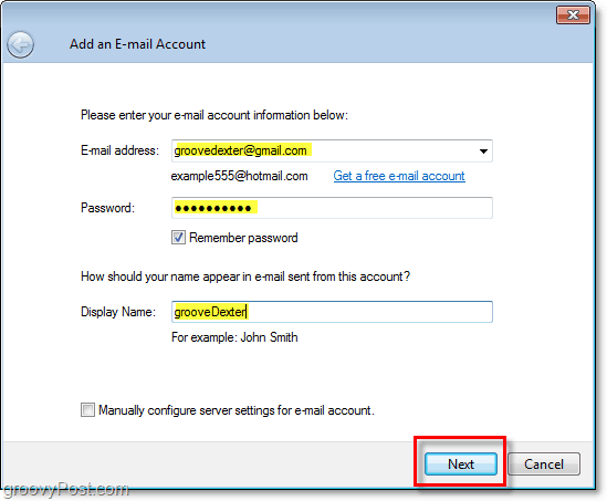 sisestage e-posti konto mandaadid Windowsi otsepostitusse