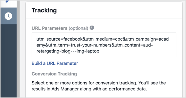 Lisage Ads Manageris oma jälgimisparameetrid (kõik pärast küsimärki) URL-i parameetrite kasti.
