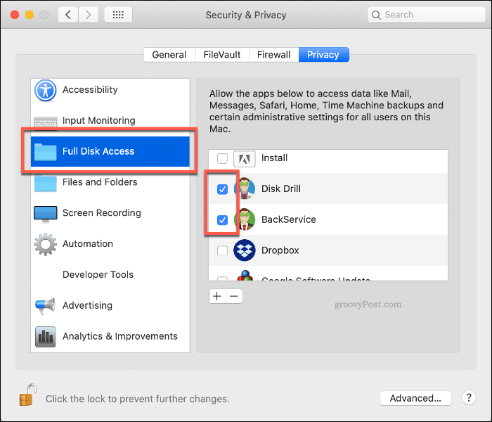 Disk Drillile täieliku draivi juurdepääsu lubamine macOS-is
