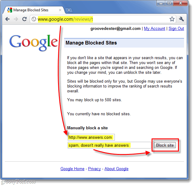 blokeerige veebisait käsitsi google'i otsingutulemustes 