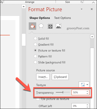 Muudetud PowerPointi kuju läbipaistvuse tase