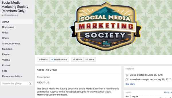 Kuidas kasutada Facebooki gruppide funktsioone, näide Facebooki grupi lehest Social Media Marketing Society jaoks