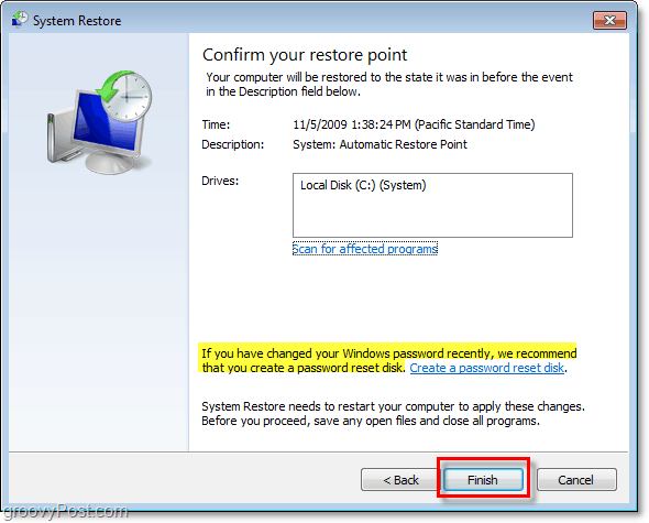 kuidas kinnitada, et taastate oma Windows 7 taastepunktiga, ja luua parooli lähtestamise ketas