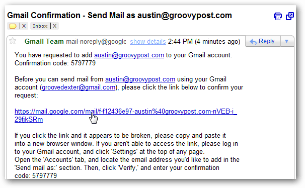 gmaili postkast - kinnitusmeil