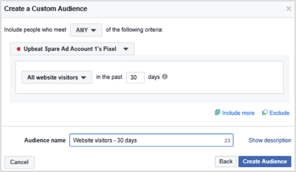 Valige suvandid, et seadistada kõigi viimase 30 päeva veebisaidi külastajate Facebooki kohandatud vaatajaskond
