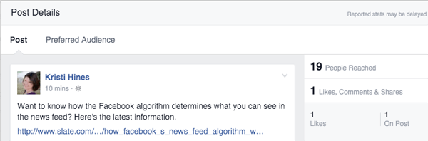 facebooki vaatajaskonna optimeerimise postituse üksikasjad