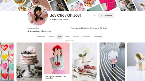 Näpunäited oma Pinteresti katvuse parandamiseks, näide 6, Joy Cho Pinteresti nööpnõelad