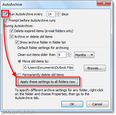 lubage automaatne arhiveerimine kõigi Outlook 2010 meilide jaoks
